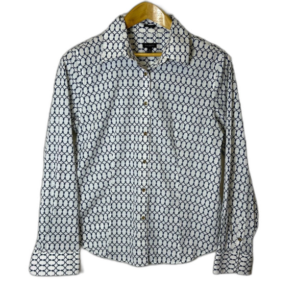Talbots White Blue Chain Print Wrinkle Resistant LS Button Front Shirt Size 12 - Picture 3 of 15